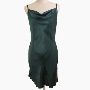 Bebe Satin Cowl Neck Slip Mini Dress Large Green Cocktail Y2K 90s Glam Clubcore